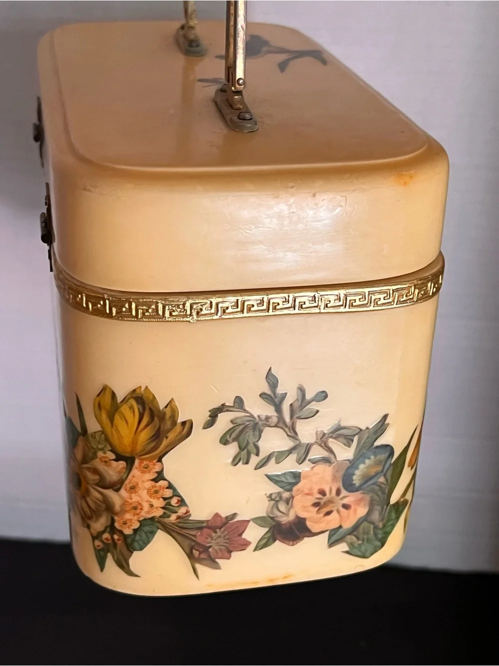 Vintage Cream Floral Vanity Bag with Gold Accents